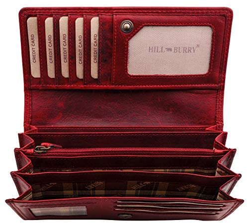BelleBay HillBurry Damen Leder Geldbörse | RFID Portemonnaie aus weichem Echt-Leder | Lange Vintage Damenbörse | Frauen Geldbeutel Hochwertig (Rot)