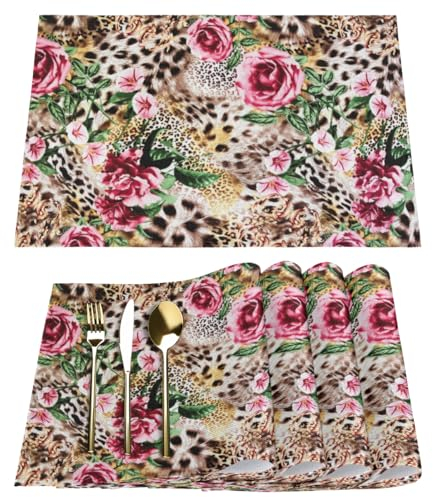 Animal Placemats Fabric Table Mats Set of 4 Flower Tiger Leopard Print Placemat for Kitchen Dining Table Home Washable Non-Slip Heat Place Mat