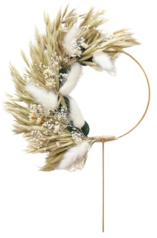The Baked Studio - Boho Dried Flower Floral Ring Wreath Cake Topper For Cake Decorating For Birthdays Baby Shower Christening & Wedding (Oats & Eucalyptus - White)
