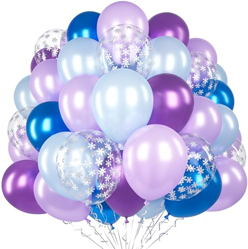 Frozen Luftballon, 60 Stück 12 Zoll Metallic Blau Lila Latex Ballon Set mit 2 Bändern und Schneeflocke Konfetti Ballons für Mädchen Prinzessin Geburtstag Frozen Thema Party Deko Baby Shower Jubiläum