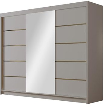 Mirjan24 Kleiderschrank mit Goldverzierung Aramao VI 250 cm Breit, Garderobenschrank mit Spiegel, Schlafzimmerschrank mit Kleiderstange und Einlegeböden für Kleidung (Cashmere)