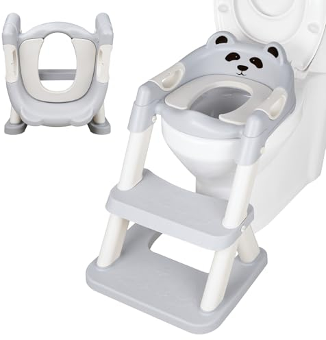 Homewit 2-in-1 Toilettensitz mit Treppe für Kinder ab 1-7 jahre, 38-41 cm Höhenverstellbar Toilettenaufsatz für V-, U-, O-förmige Toiletten, Kindertoilette Faltbarer mit 2 Tieraufkleber