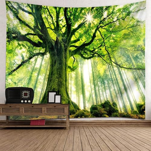 Skcess Wandteppiche Grün, Polyester Tapestry Wall Bäume Und Sonnenschein Tapisserie für Wohnzimmer Schlafzimmer Wohnheim Wanddeko Wandteppich 350x256CM