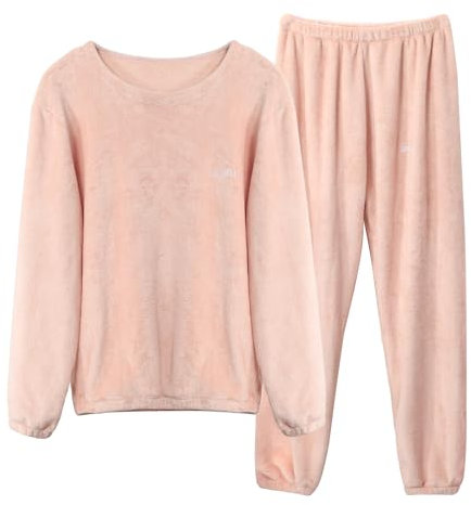 LACOFIA Pigiami Due Pezzi da Donna Pigiama Set Invernale di Caldo Pile a Maniche Lunghe Abbigliamento da Notte Adulto Pigiama di Coppia Rosa Chiaro XL