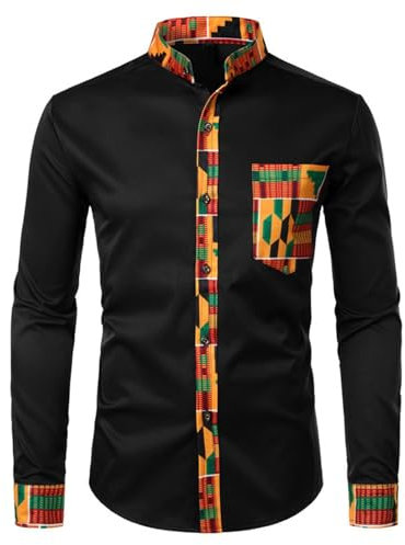 Faonkeew Herren African Tribal Grafik Patchwork Design Slim Fit Langarm Freizeithemd Party Shirt für Männer