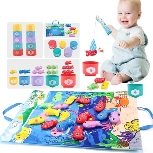 Bambebe Toddler Toys Montessori Toys for 1 Year Old Boy Girl -10 in 1 Cloth Fishing Game for Toddlers 1-3, Educational Learning Toys Stacking Cups Number Counting, Shape Learning Baby Toys Baby Gifts