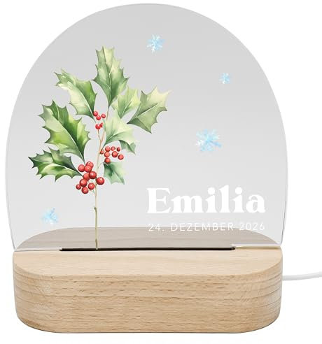 Geburtsgeschenk Mädchen Nachtlicht personalisiert Baby Geschenk zur Geburt Blumen Babygeschenk Monatsblumen Babyzimmer Nachtlampe Inkl. Holzfuß & Netzteil (Dezember - Stechpalme)