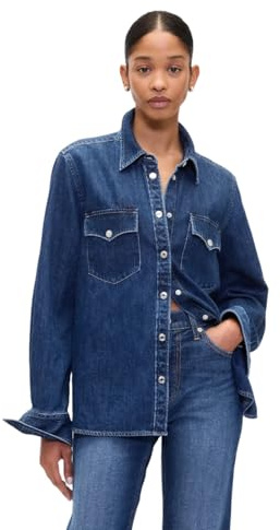 GAP Women's Western Denim Button Down Shirt Blouse Top, Medium Indigo 15, Large