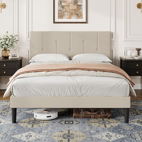 Vesgantti Single Bed Frame with Adjustable Linen Headboard, Solid Wooden Slats & Upholstered Platform, Easy Assembly, No Box Spring Needed, Under Bed Storage, 3FT Single Bed, 90 x 190 cm, Beige