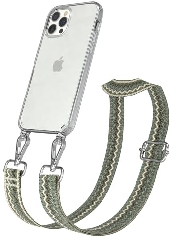 EAZY CASE Handykette - Verstellbares Taschenband kompatibel mit iPhone 12/12 Pro, Schulterriemen, Handykordel mit Silikon Hülle, Umhängetasche, Grün Beige Silber