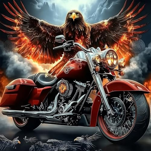 MXJSUA Eagle Diamond Painting Kits for Adults, Motorcycle 5D Diamond Art Kits for Beginners, DIY Full Round Drill Picture with Diamond for Home Wall Decor, 30x30cm