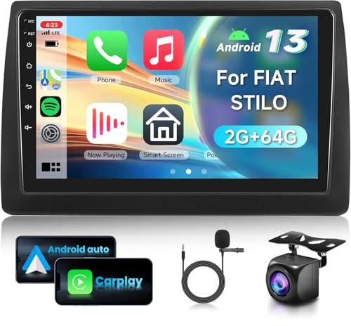 2G&64G 9 Autoradio Für FIAT STILO 2002-2010 mit Carplay Android Auto,Android 13,Touchscreen Bluetooth HiFi/RDS/FM Radio,WiFi Navi/AHD Rückfahrkamera