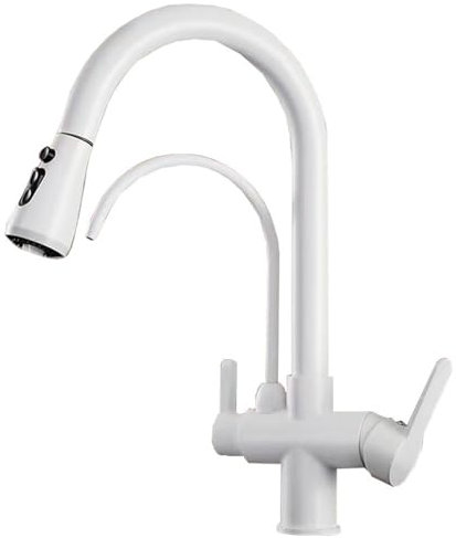 XJTNLB Rubinetto 3 Vie Cucina con Doccetta Estraibile Bianco 2 Modalità Collo di Cigno Rubinetto Depuratore Acqua