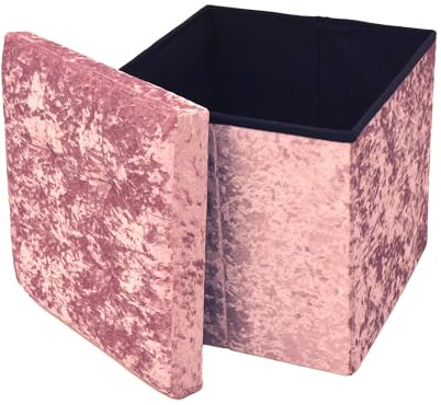 Libbi Lou Pink Velvet Foldable Footstool/Ottoman Storage Box | 38 x 38 x 38 cm | Footstool for Home, Office or Bedroom | Store up to 20kg