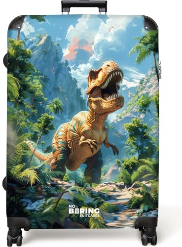 NoBoringSuitcases© Koffer Kinder Groß Kinderreisekoffer Kinderkoffer mit | 77x51.5x28 cm - Roller Leicht Trolly Große XXL Hartschalenkoffer Kind Dinosaurier - Natur - Wald
