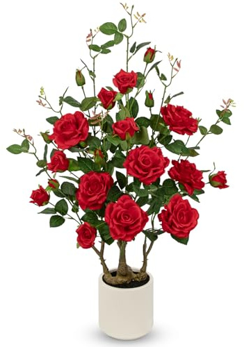 Briful Künstliche Rose im Topf – Realistische Rote Kunstrosen Blumen für Innen, Künstliche Topfpflanze 90 cm Große Kunstpflanze Dekoration für Wohnzimmer, Büro & Hotel