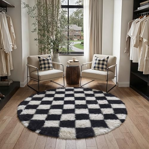 HUGEAR Kariert Flauschig Teppich Rund 150cm Schwarz Weiß Shaggy Carpet | Kariertes Shaggy Runder Teppiche,Flauschig,Weich,Rutschfest,Hochflorig,für Flur, Kinderzimmer,Schlafzimmer Rug