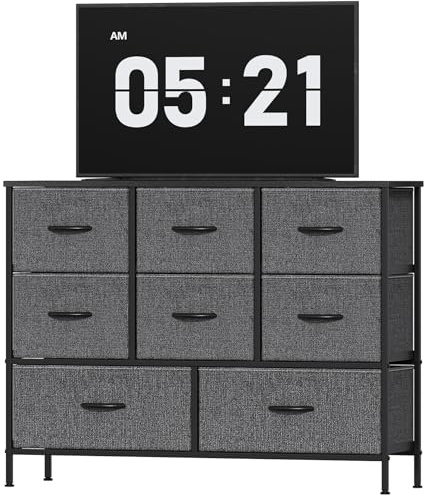 Feonase Chest of Drawers, Bedroom Dresser with 8 Fabric Drawers, Metal Frame & MDF Wood Top, Adjustable Feet, Storage Organizer Unit for Bedroom, Closet, Living Room, Hallway, Deep Grey