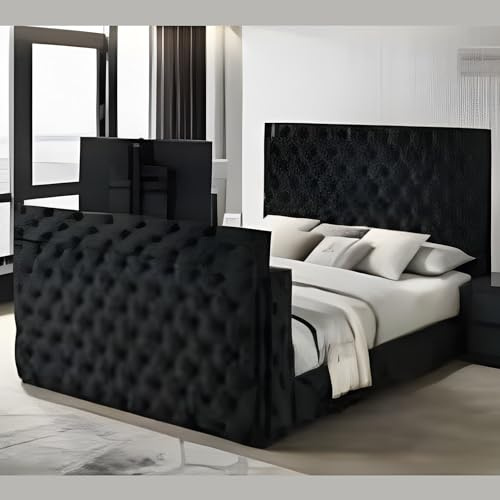 Black Plush Electric Media TV Single Bed Frame | Chesterfield Headboard & Footboard | Elegant Bed Frame with Built-In TV Compartment | Mattress & TV Not Included