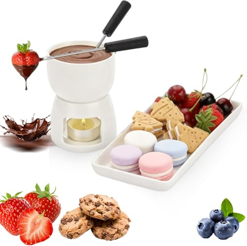 WRQIOO Fondue Sets, Cheese Fondue Sets, 150ml Ceramic Chocolate Fon-Due S-et with 2 Forks, 1 Rectangle Dish and 1 Candle, Suitable for Home, Restaurant and Cafe