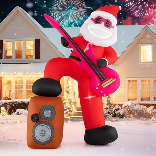 FANTASK aufblasbarer Weihnachtsmann mit Gitarre & Musik, Weihnachtsdeko groß für drinnen & draußen, selfstaufblasend, 180 cm, mit LED-Beleuchtungsakzenten