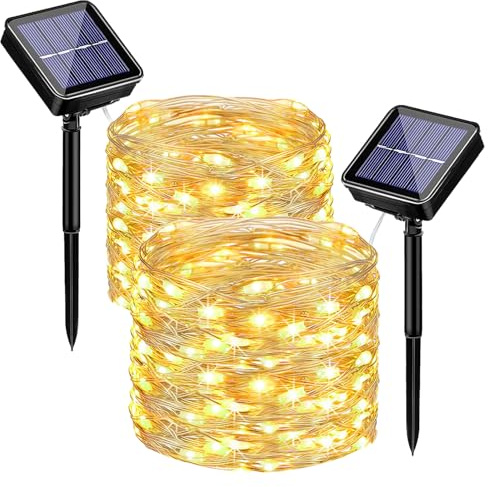 2 Stück Solar Lichterkette Aussen, 12M 100 LED Lichterkette Solar Außen Wetterfest 8 Modi IP65 Wasserdicht Kupferdraht Lichterkette Außen Outdoor für Garten Terrasse Balkon Weihnachten Deko (Warmweiß)