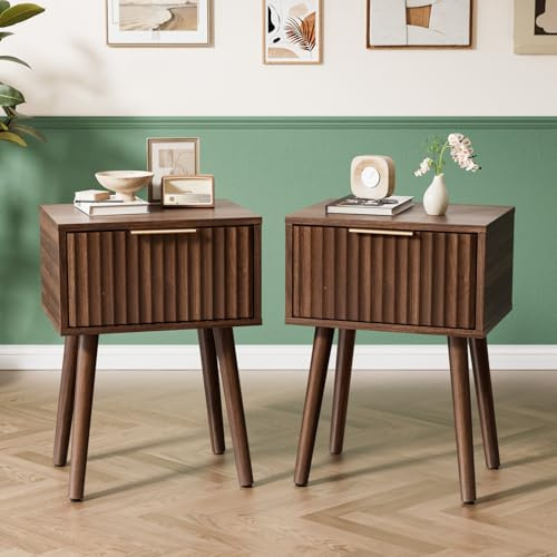 Bonnlo Bedside Table Set of 2 with 1 Drawer, Grille Nightstand,Walnut | Fluted Sofa End Table with Tall Solid Wood Legs & Gold Handle,Modern Bedside Drawers for Bedroom, Living Room, 40*30*55 cm