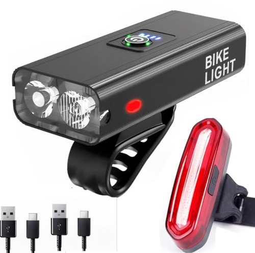 Luce Bici Anteriore e Posteriore Ricaricabile USB potente,Luci Bicicletta LED 2400 Lumen,Alluminio LED Luce Bicicletta Anteriore, 6 modalità & Impermeabile con Luminoso Luce Posteriore Bici