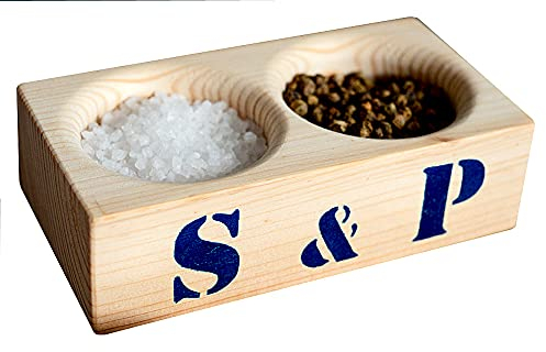 Eco-friendly Salt and Pepper pinch pots, salt cellar, seasoning set, handmade from Pine with Navy Blue S & P stencil