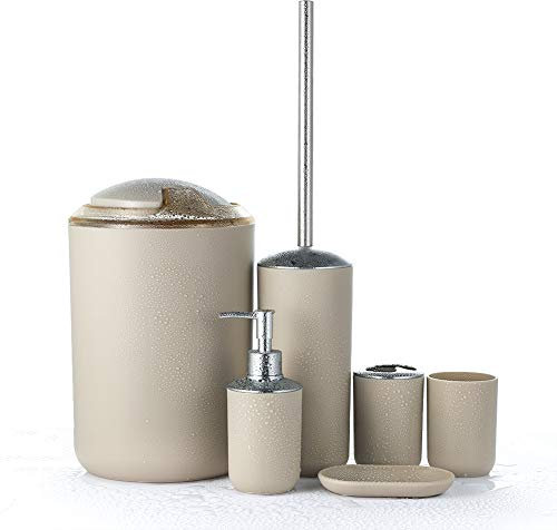JOTOM 6 Piece Plastic Bathroom Accessory Set Modern Design Bath Accessories Bath Set Lotion Bottles,Toothbrush Holder,Tooth Mug,Soap Dish,Toilet Brush,Rubbish (Beige)