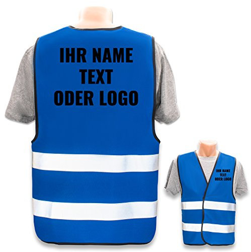 Warnweste selbst gestalten mit eigenem Aufdruck * Bedruckt mit Name Text Bild Logo Firma, Position & Druckart:Rücken + Front/Premium-Druck, Farbe & Größe:Blau/Größe M/L