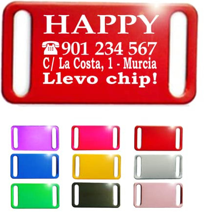 Ibera Gifts - Chapa Perro Grabada en Forma Rectangular para Fijar en el Collar, Placa Perro Personalizada para Perros y Gatos Pequeños a Medianos, Aluminio Brillante, Tamaño 44 x 22 mm (Rojo)