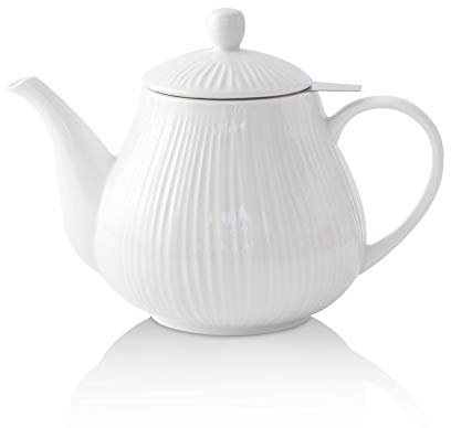 KOOV Ceramic Teapot with Infuser, 40 ounce Tea Pot with Infuser for Loose Tea, Large Enough For 6 Cups, Striped Series (Cream)