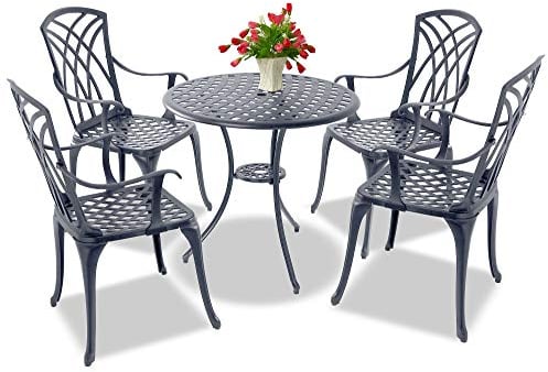 Centurion Supports OSHOWA Luxurious Garden & Patio Table & 4 Large Chairs with Armrests Cast Aluminium Bistro Set - Grey