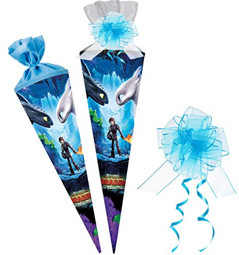 alles-meine.de GmbH Schultüte Größenwahl Dragons - Drachenzähmen leicht gemacht - 100 cm - 12 eckig - incl. Schleife - Tüllabschluß - Zuckertüte - mit/ohne Kunststoff Spitz..