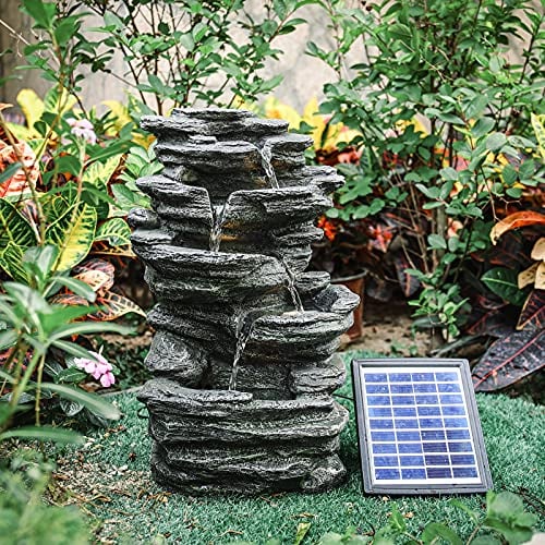 BTGGG Water Feature Self Containing Feature Outdoor Fountain Rockery Decoration for Garden, Garden Pond, Terrace, Pond, Balcony Solar Powered Garden Ornament Fountain with LED Light