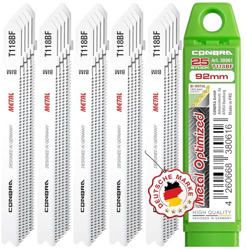 Conbra® Lot de 25 lames de scie sauteuse en métal T118BF avec manchon en plastique - Lame de scie sauteuse en métal compatible avec les scies sauteuses Bosch et bien d'autres
