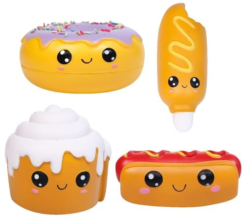 ANBOOR 4 Stück Squishies Hot Dog Kuchen Brot Donut Kawaii duftend weich langsam steigend Squeeze Stressabbau Kinder Spielzeug