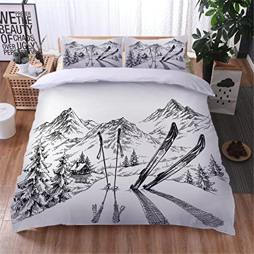 AOUAURO Bettwäsche 135x200 Skifahren in den Bergen Bettbezug Set 3D Bedruckte 3-Teiliges Polyester mit Reißverschluss 1 Bettbezug und 2 Kissenbezug 80x80cm 3 Stück Einzelbett