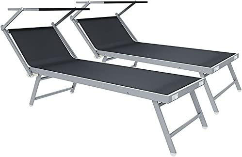 Arreditaly Lettini Prendisole Pieghevole Professionale Alluminio Tessuto Textilene 720 gr/m² Tettuccio Orientabile Parasole Sdraio Prendi Sole Mare Spiaggia Piscina 182 x 60 x 38 cm (2, Grigio Scuro)