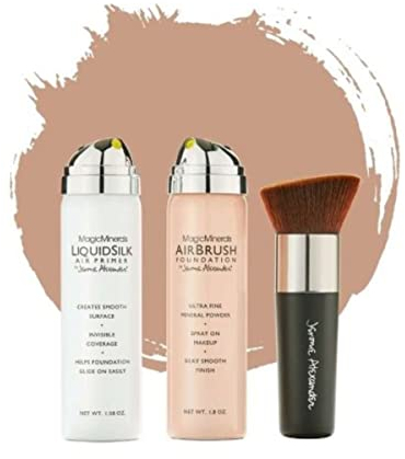 Jerome Alexander MagicMinerals AirBrush Foundation Make up Set - 3 Stück - Foundation + Fixier Spray + gratis Pinsel – Integriertes Make-up mit Hautpflege feuchtigkeitsspendend (Warm/Medium)