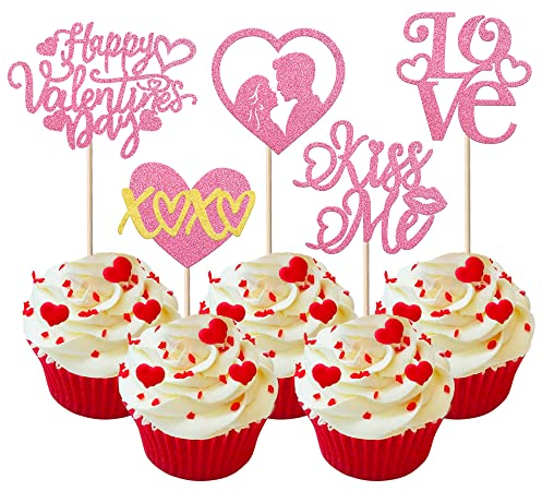 SYKYCTCY 30 Pack Happy Valentine's Day Cupcake Toppers Glitter Sweet Love You XOXO Kiss Me Cupcake Picks Heart for Galentine's Day Theme Wedding Birthday Party Cupcake Decorations Supplies Pink