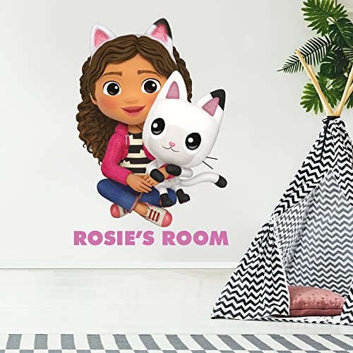 Themed Gabby's Dollhouse Wall Sticker - Gabby and Pandy Sat Down Personalised Name Wall Art Kids Decal (90cm height x 60cm width)
