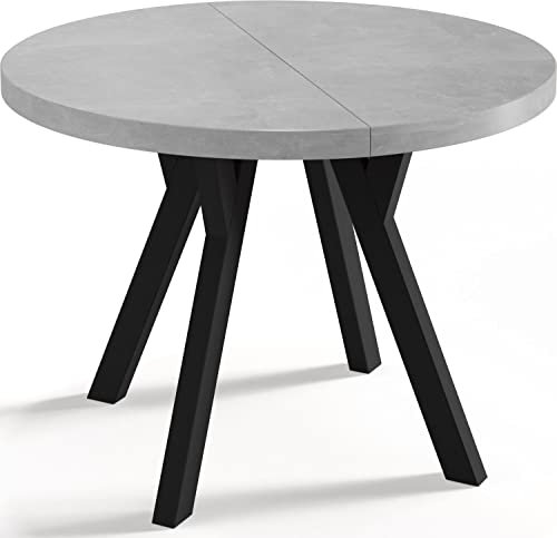 WFL GROUP Designer Runder Ausziehbarer Esstisch - Loft-Stil, Industriell, Platzsparend - Schwarze Beine - 100 bis 150 cm - für 5-8 Personen - Hergestellt in EU - Beton Grau - 150 cm