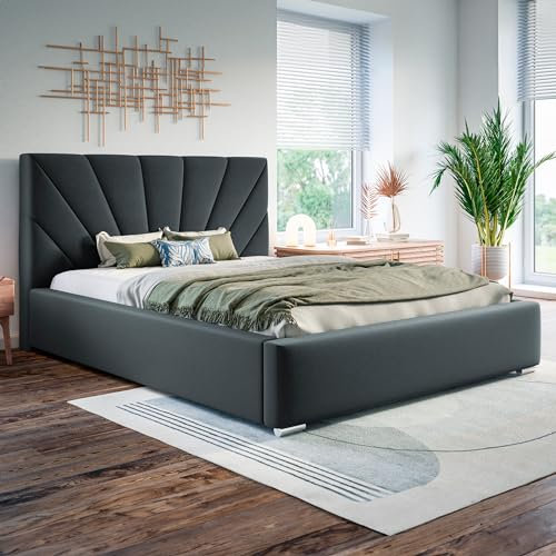 MOTIVENA Sisi Bett 120x200 Grau Samt, mit Stauraum, mit Kopfteil, mit Lattenrost, mit Füßen, ohne Matratze, Polsterbett 120x200 mit Bettkasten Grau (Anthrazit)