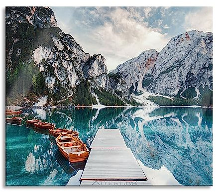 Bootsreihe am Steg des Pragser Wildsee Herdabdeckplatte & Spritzschutz aus Echtglas | Für Herd-Kochfelder | 60x52 cm