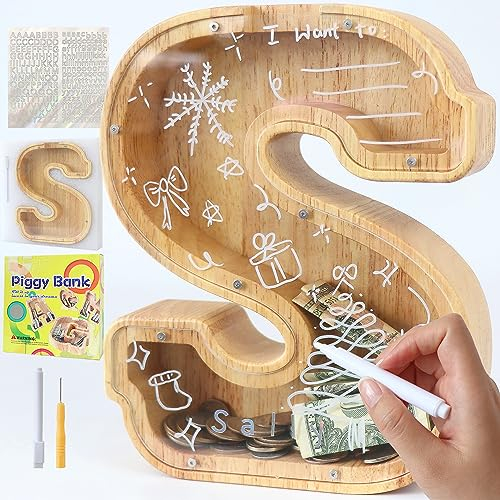 Lakpopya Spardose für Kinder Jungen Mädchen Sparschwein Kinder Spardose Personalisiert Durchsichtig Spardose Buchstabe Holz A-Z mit Zielbereich & Aufkleber & Marker, Taufe Geschenk Dekoration (S)