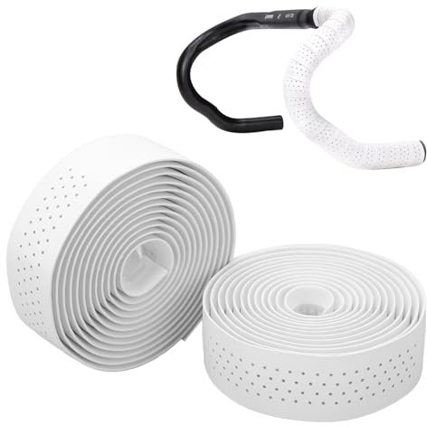 Tissting 2 Stück Fahrrad Lenkerband 200 x 3 cm 3mm Dicke PU Leder EVA Selbstklebende Lenker Band mit Abklebeband und Lenkerstopfen, Rutschfest Griffband für Mountainbike Rennrad, Weiß