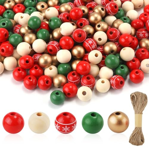 200pcs Christmas Wooden Beads, 0.63 Inch Round Winter Wooden Beads with Holes Craft Beads for DIY Crafts Halloween Thanksgiving Christmas Decorations