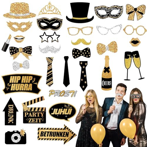 35 Stück Foto Requisiten, Deutsche Foto Booth Dekorationen, Fotobox Accessoires für Geburtstag Hochzeit Karneval Abschluss Weihnachten Silvester Neujahr JGA Party Fotoboxzubehör Tischdeko Geburtstag